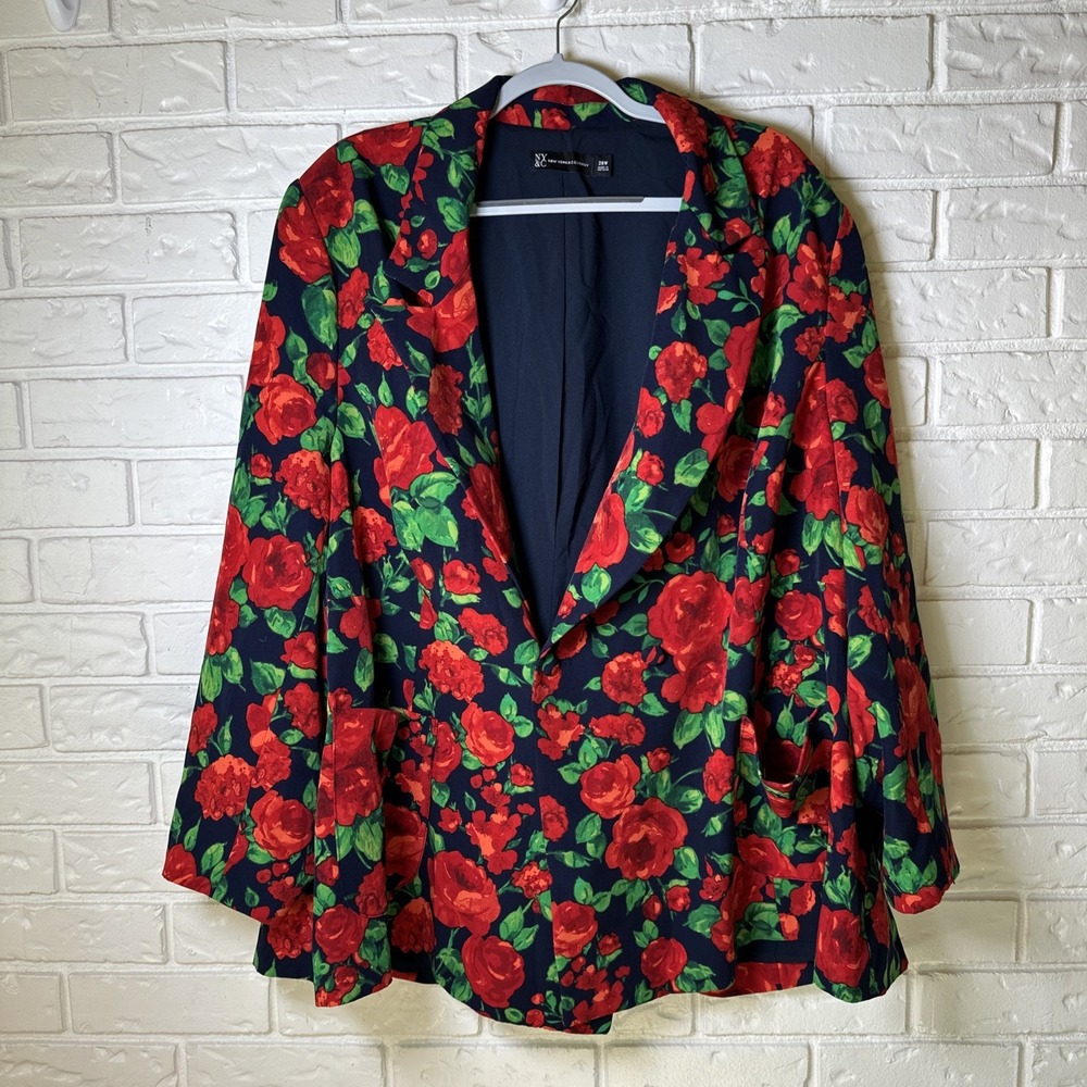NY&C Women's Blazer Size 28W Black Floral Lined Long Pockets